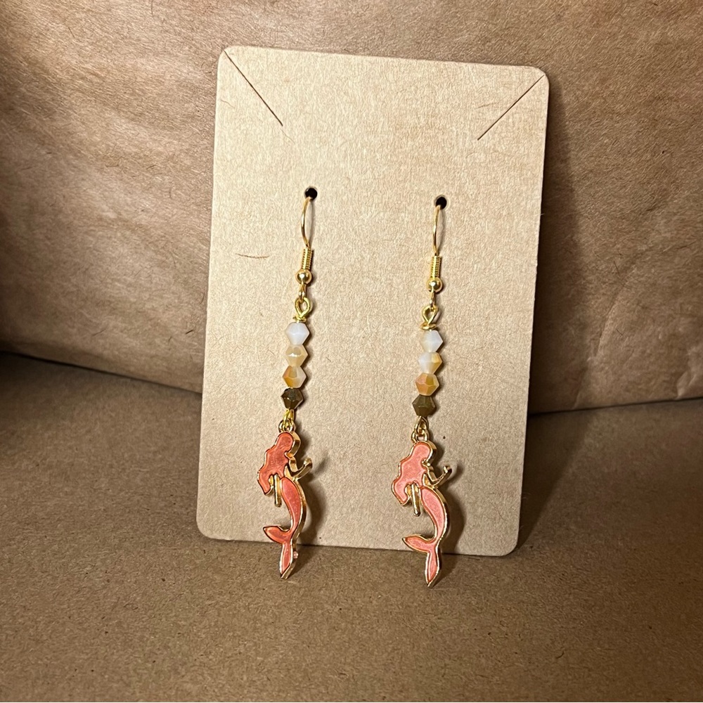 MKW Emporium Handmade Gold & Pink Mermaid Beaded Charm Dangle Drop Earrings #22